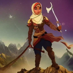 a heroic female adventurer with a headscarf travelling through a fantasy mountain range