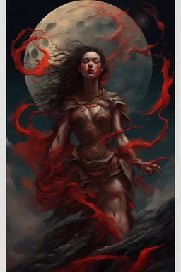 A dramatic digital painting portraying a warrior-girl and horror monster under the Red Moon, veins pulsing, claws of temptation visible, soul in turmoil. In the style of Salvador Dali and Van Gogh , vivid colors, swirling brushstrokes, highly detailed, 8k resolution, surrealistic., juicy emotions, painting, gloomy fantasy, gloomy day, dark world, portrait, oil and graphite, wide strokes, a weaving frame around, by Ryohei Hase, Agnes Cecile, Raymond Swanland, Anne Bachelier