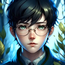 Young man with short black hair and bangs on the forehead, icy blue eyes, round glasses, bronze skin, 1700s botanist, anime style, front facing, looking into the camera,