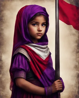 Artistic red purple little palestinian girl Holds a flag of Palestine , PRINT medieval style