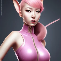  Asian woman, leaning pose, pink short hair, latex suit, highly detailed, rabbit mask,