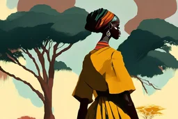 Design, African woman, oil painting, featureless, graphic, drawing without facial features, background, sky, trees, traditional clothes, cartoon, looking left