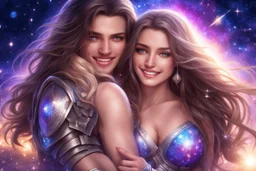 beautiful women with long hair, light eyes , with a little sweety smile, with his boyfriend that is a sweety strong cosmic warrior in peace. in a background of stars and bright beam in the sky