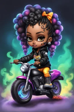 Create an digital airbrush illustration of a chibi cartoon black female wearing tie dye hoodie and black tights and biker boots. Sitting on a colorful sports motorcycle. Prominent make up with long lashes and hazel eyes. Highly detailed long twisted bantu knots. Background of a bike show and smoke around her.