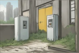, electrical box, overgrown, post-apocalyptic, comic book, city background