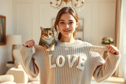 sign "LOVE" on a knitted pullover, photorealistic portrait of an elegant pretty young woman shows off a knitted sweater in an elegant beige-white-brown room S<AI in sunshine, cute tabby cat