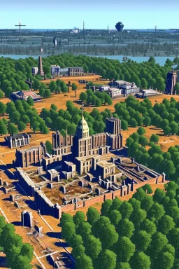The remains of the city of Madison, Wi, as it would be depicted in the Fallout series of video games. Photorealistic, color