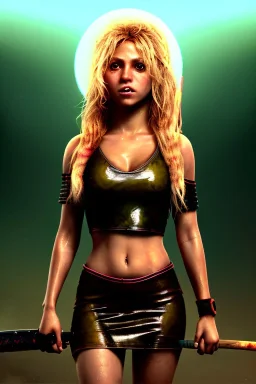 portrait, Shakira, blonde artist, angry, Realistic image, latex style dress. baseball bat, loose long hair, eyes make up, perfect, glow, circle iris. Neon colors, leds, geometric shapes. Dark background, photo studio, neon lights. Mad max, concept art, smooth, unreal engine 5, god lights, ray tracing, RTX, lumen lighting, ultra detail, volumetric lighting, 3d, finely drawn, high definition, 4k.