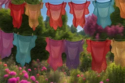 Beautiful lace tangas of different colours drying on a clothesline in a flower garden, centre, bold colours elegant fantasy 8k beautiful dynamic lighting award winning imperial colors hyperrealistic ultra detailed 4K 3D high definition crisp quality colourful hdr, backlit, in sunshine