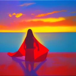 superwoman. photographic, bright colors and sunset, oil on canvas, kodachrome, volumetric light