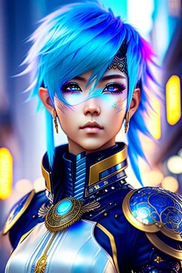 Cyborg anime warrior, light blue hair, short and messy hairstyle, pierced ears, round ears, golden eyes, waist up portrait, 8k resolution, intricate details, ornate details, soft lighting, vibrant colors, retroanime, masterpiece, intricate eyeliner, dark eyeshadow, eyes, intricate tattoos, futuristic cityscape background