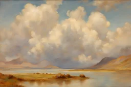 clouds, lagoon, mountains, sci-fi, fantasy, henry scott tuke impressionism painting