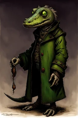 Artist Jean-Baptiste Monge style. A old biomorph male humanoid with Alligator face. Bright eyes. A green and blue striped outfit. Modifiers: Tim Burton Craig Rutkowski Modifiers:neon glowing Iridescent black ink