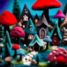 Close-up photograph of detailed creepy village made of felt, crystallizations, figure, animals, fungi, crystals, mineral concretions, sun, Amano, Roger Dean, strong texture, intricate, colours, Max Ernst, rich moody colors, bokeh, Tim Burton, Harry Potter, 33mm photography