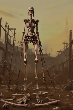 a bone yard with a tall android woman standing at the top of a pile of bones