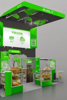 Corner green exhibition stand of a food company with product displays and a meeting area