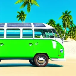 old Volkswagen partyvan, green color van, funny colored, partyvan on the beach, sunny beach, sunny weather, beach party, party people, party, realistic, ultra high quality, unreal engine, cinematic, surfing, palms, palm beach, beach