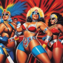 [art by female Mil Mascaras] Servin' jive turkey to the dynamic quatro and the only ones built like Amazons, in the living room