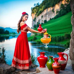 a woman in a red dress holding a vase, creative colorfull - makeup, with professional makeup, hand built ceramics, very very very beautiful face , nice country side with hills ,waterfall over a river with clear water,girls with perfect pretty face in folk costums and a jar, filling their jugs with water and some of them leaving while carring there jugs in there shouldes and 1beautiful girl with jug in shoulder in closeup , very nice mountains at distant, nice clouds in sky ,wide green field wi