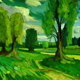 A green field with verdant trees painted by Vincent van Gogh