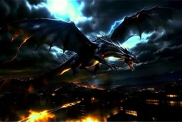 black dragon flying across the city at night dark fantasy lightening