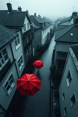 top-down view of a grayscale wet city street with houses, rain, one red umbrella, surreal style, dark mood