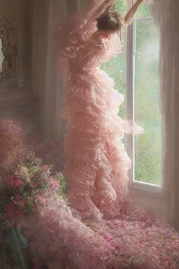 A beautiful romantic ruffled dress, decorated with beautiful embroidered flowers and lace, hanging on a hanger in a bedroom by the fireplace, in the light of the fireplace, Hyper realistic, oil on canvas award winning fantastic view ultra detailed acrylic art Ultra realistic Impressionism Surrealism simen johan, sharp focus intricate oil on canvas cinematic lighting photorealistic high detail ultra detailed crisp quality colourful