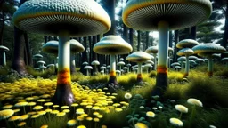 alien woodland trees looking like mushrooms with multi stemmed dandelions