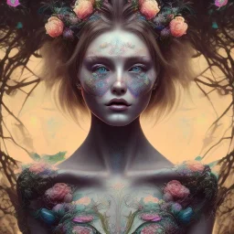 perfect long-haired woman, perfect eyes, full face tattoo of flower art and trees extending past face and morphing into galaxy, 8k resolution, high-quality, fine-detail, intricate, digital art, volumetric lighting