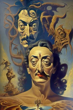 Artwork entitled "Devil's Bargain" depicting Salvador Dali's self-portrait as the woman he hated; surrealism; award-winning, intricate, insanely detailed, elegant. Right? Left?