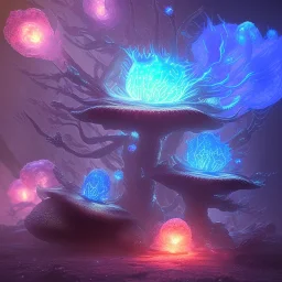 Spherical Frost metal magic armoured lightning Mycelium giant blob MUSHROOM flower erupting with BLUE FLAMES hellfire abyss stars SPACE lANDSCAPE