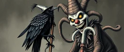 crow knight with cat o nine tails, wearing mirror hat, climbing ladder, in front of chalk art clown vampire, cthulhu, in the style of escher and giger