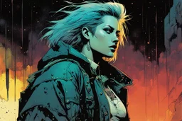 create a hardened punk biker girl in the comic book art style of Mike Mignola, Bill Sienkiewicz and Jean Giraud Moebius, , highly detailed,, grainy, gritty textures, , dramatic natural lighting