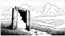 unhinged door, anime, monochrome, black background, ink, simple, maximum quality, broken hinge, barely functioning, centered on frame, far view, in the middle of a grassy hill, white sky with cumulonimbus