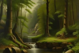 A woods with a serene waterfall painted by Henri-Robert Bresil