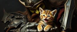 master oil painting by Rembrandt, fantasy orc soldier holding and petting a happy kitten