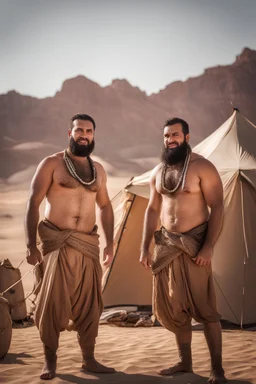 close up photography of two angry ugly brawn 30-year-old burly beefy bullneck arabs tourist guides wearing bulging traditional trousers, shirtless, big shoulders, hairy chest, manly chest, with very bushy eyebrows, photorealistic, sunlight, ambient occlusion, strong side light , inside a camping tent in the desert