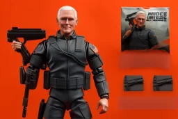 packaging label Mike pence g.i. joe toy With a gun space force uniform action figure, fluorescent orange, pricetag, snowcat