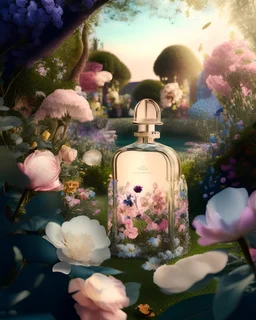 generate me an aesthetic photo of perfumes for Perfume Garden: Integrate bottles into a garden setting, surrounded by flowers.