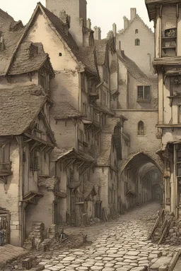 Produce a visual representation of medieval towns and cities succumbing to the devastation of the Black Death, with empty streets, abandoned buildings, and grieving inhabitants.