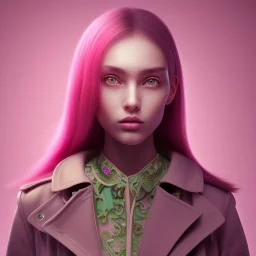 Beautiful latin girl, black Hair, green Eyes, , wearing a pink trench coat, Room, masterpiece, expert, insanely detailed, 8k resolution, cute big circular reflective eyes, cinematic smooth, intricate detail , soft smooth lighting, soft pastel colors, Eyes slightly Glowing, sevilla spain.