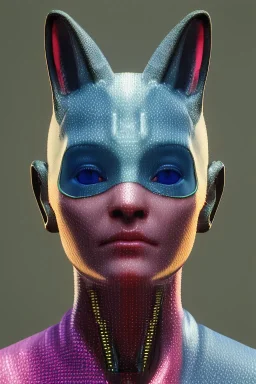 Medium Close Up Portrait, Front image. cyberpunk, rabbit mask, brunette woman, pink short hair. latex, glossy suit. Pink, black, blue, color. Retro futuristic style. Color background, photo studio. Avatar image, highly detailed, concept art, smooth, unreal engine 5, god rays, ray tracing, RTX, lumen lighting, ultra detail, volumetric lighting, 3d, finely drawn, high definition, high resolution.