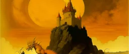 A yellow castle with a sun dragon painted by Caspar David Friedrich