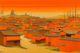 An orange colored Chinese village in a wasteland painted by John Brack