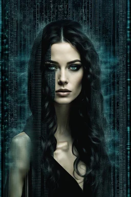 double exposure collage portrait from digital wall in the matrix with binary codes, numbers, strange dark colors plants, shadows and thin black sharp lines with shadows and dark spots. The zippered edge of the photo is down and the background is a young woman's pale face gothic make up, long, big hair. high detailed, cinematic, thriller mood, dark weird art style