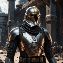 star wars bald male corellian pilot wearing pearlescent black and gunmetal grey First Order special forces heavy assault stealth commando armor and helmet with gold trim inside the jedi temple, hyperdetailed, dynamic lighting, hyperdetailed background, 8k resolution, volumetric lighting, light skin, fully symmetric details