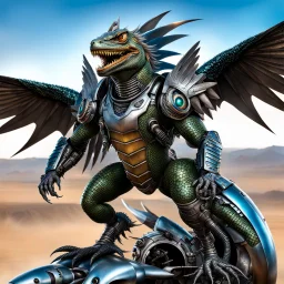 Lucky Stryker, Jet eagle lizard human combination, biomechanical surrealism, 4 limbs, 2 metallic wings, one jet engine, 2 eyes, big toothy smile