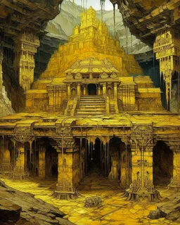 A yellow underground mine with gold designed in Mayan architecture painted by Zhang Lu