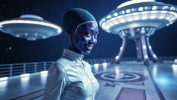 "Artistic photography (((FULL BODY from HEAD to FEET +profile))), enormous almond shape lighted crystal clear eyes, she is gorgeous, dressed in a white shiny jumpsuit she is a gorgeous smiling extra terrestrial woman with indigo purple blue skin with a high elongated skull like Nefertiti, 40 y/o asian, she wears White tight boots without heels, and she is outside on the flying saucers large landing deck of the space station in cosmos.