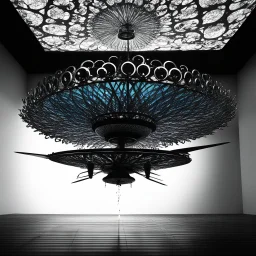 this photo Explores how brightness contrasts with shadow [psychedelic high res photo by Ralph Steadman] Light Against the Dark on a levitating intricated and sophisticated 3D metal piece over a plane